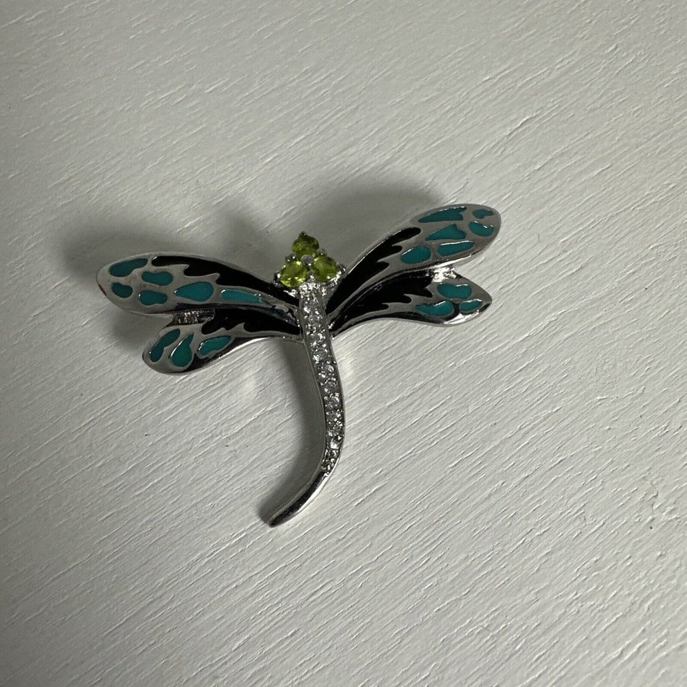 Sterling Silver 925 Enamel Peridot & White Zircon DRAGONFLY Insect Brooch Pin
